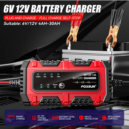 FOXSUR 6V/12V 1.5A Battery Charger infographic showing smart charge, battery level detection, multi-protection, and intelligent control features