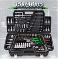 150/46Pcs CR-V Socket Wrench Ratchet Set displayed in open storage case