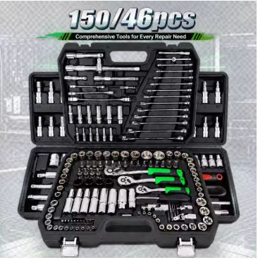 150/46Pcs CR-V Socket Wrench Ratchet Set displayed in open storage case
