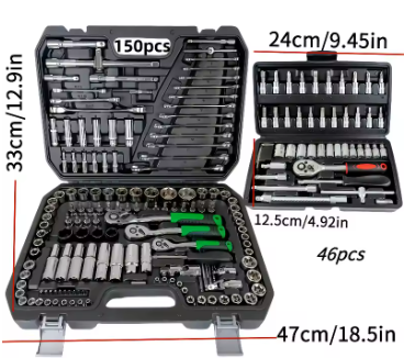150/46Pcs Socket Wrench Set dimensions - 150pcs case: 47cm x 33cm, 46pcs case: 24cm x 12.5cm