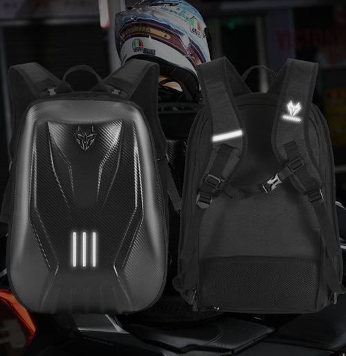 Motorcycle Carbon Fiber Hard Shell Backpack front and back view with helmet, showing reflective strips