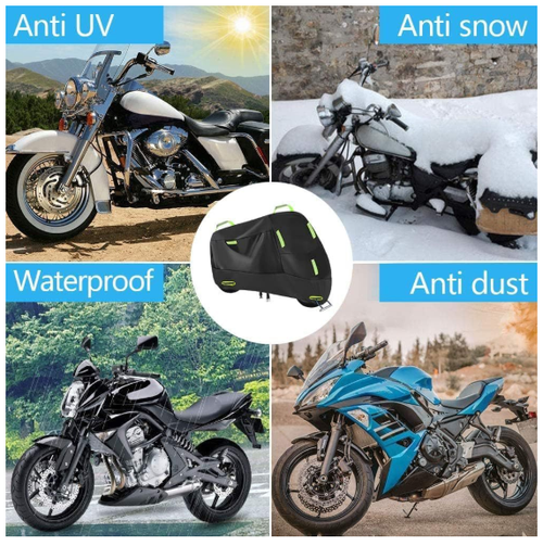 Motorcycle cover protection features - Anti UV, Anti Snow, Waterproof, Anti Dust shown across 4 scenarios