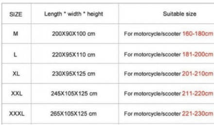 Motorcycle cover size chart - M to XXXL with dimensions and suitable motorcycle lengths
